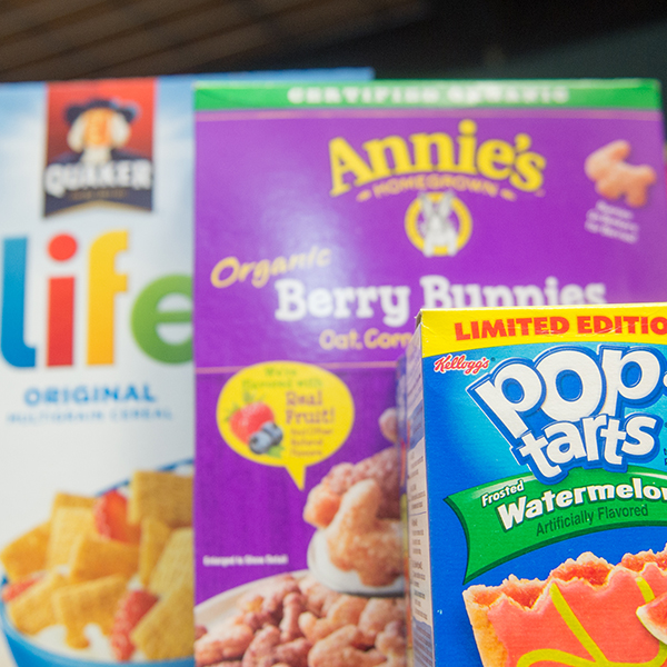 Close up on food products in Izzy's food pantry 